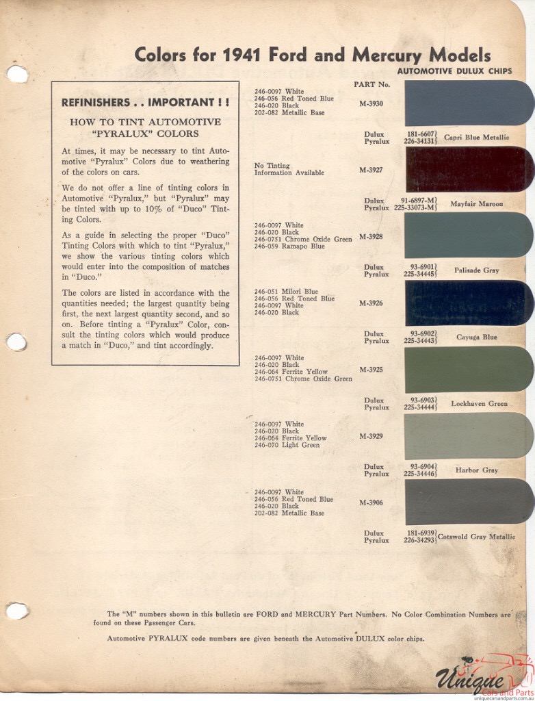 1941 Ford Paint Charts DuPont